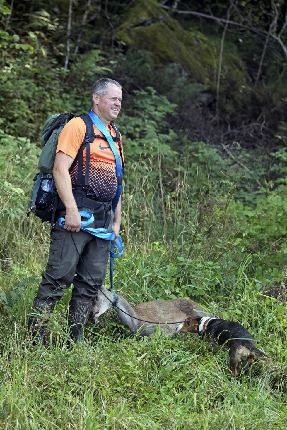 TUNG NOK: Selv om hjortekalven ikke var av de største, er det ikke til å unngå at Jan Flatebø blir varm i trøya når han tauer den ned alene. TUNG NOK: Selv om hjortekalven ikke var av de største, er det ikke til å unngå at Jan Flatebø blir varm i trøya når han tauer den ned alene.