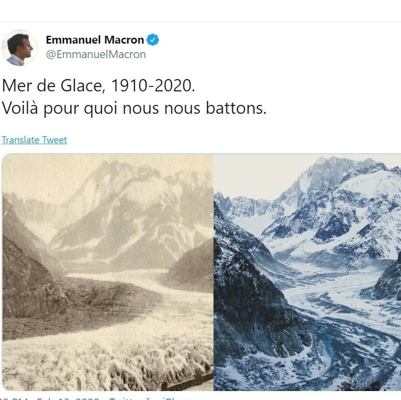 FØR OG NÅ: President Emmanuel Macron tvitrer om smeltingen av isbreen Glace de Mer. Foto: Utsnitt fra Twitter