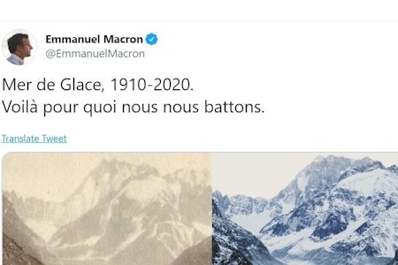 FØR OG NÅ: President Emmanuel Macron tvitrer om smeltingen av isbreen Glace de Mer. Foto: Utsnitt fra Twitter