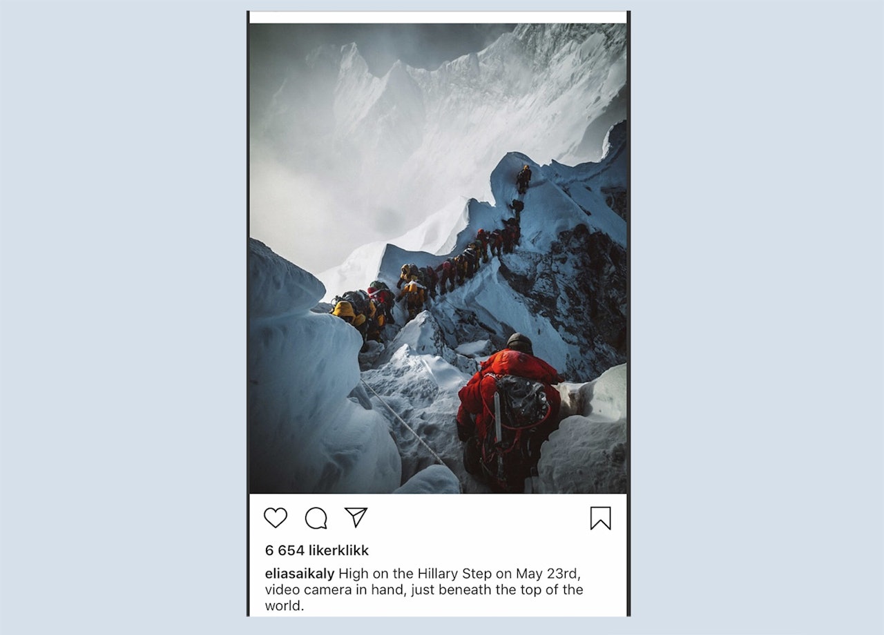 TREDJE OG SISTE GANG: Den kanadiske fotografen Elia Saikaly delte dette bildet for å illustrere det han beskriver som en horribel opplevelse på Everest. Foto: Skjermdump Instagram / Elia Saikaly TREDJE OG SISTE GANG: Den kanadiske fotografen Elia Saikaly delte dette bildet for å illustrere det han beskriver som en horribel opplevelse på Everest. Foto: Skjermdump Instagram / Elia Saikaly