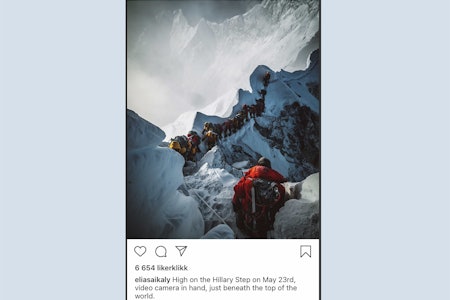 TREDJE OG SISTE GANG: Den kanadiske fotografen Elia Saikaly delte dette bildet for å illustrere det han beskriver som en horribel opplevelse på Everest. Foto: Skjermdump Instagram / Elia Saikaly TREDJE OG SISTE GANG: Den kanadiske fotografen Elia Saikaly delte dette bildet for å illustrere det han beskriver som en horribel opplevelse på Everest. Foto: Skjermdump Instagram / Elia Saikaly