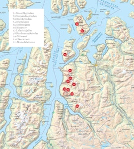 Oversiktskart over Kåfjordalpene, Uløya og Kågen. Fra Toppturer i Troms.