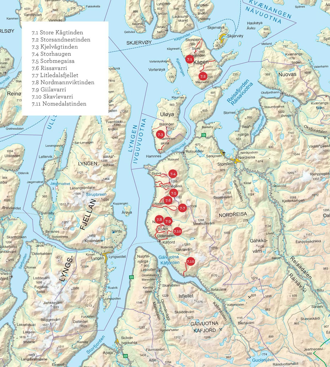 Oversiktskart over Kåfjordalpene, Uløya og Kågen. Fra Toppturer i Troms.