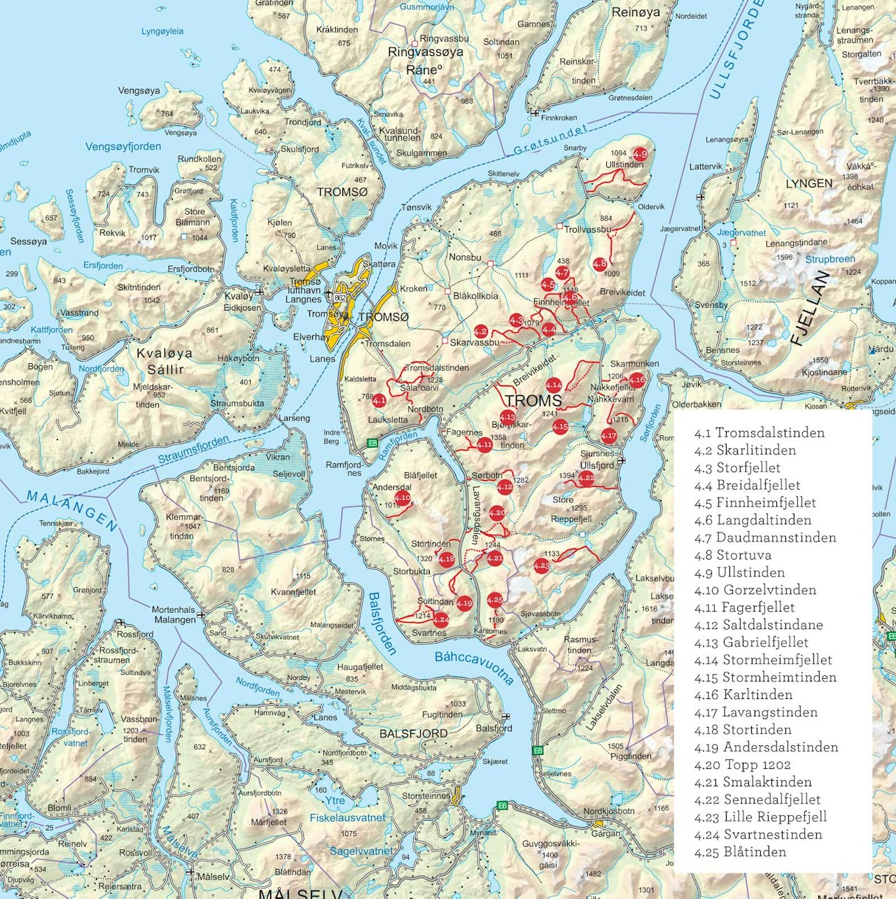 Oversiktskart over Tromsø fastland. Fra Toppturer i Troms.