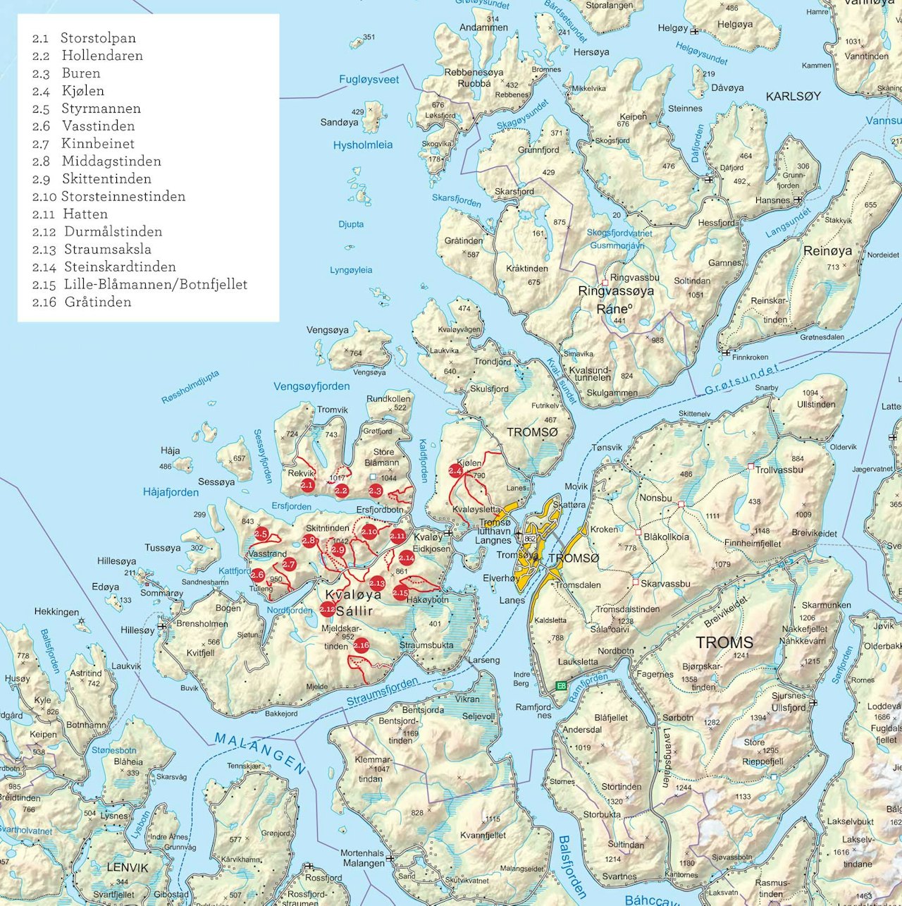 Oversiktskart over Kvaløya. Fra Toppturer i Troms.
