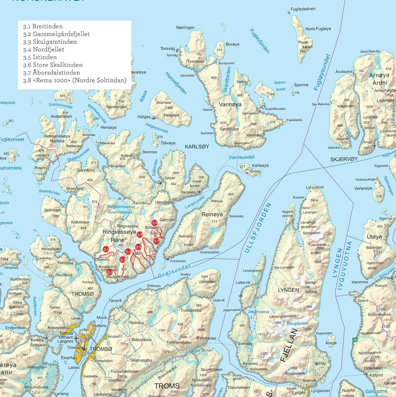 Oversiktskart over Ringvassøya. Fra Toppturer i Troms.
