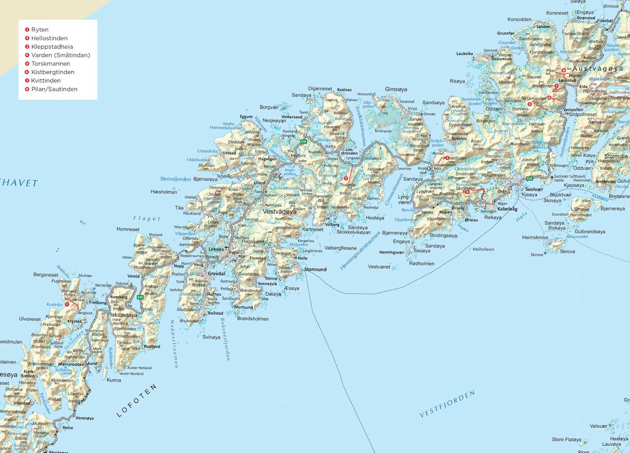 Oversiktskart over Lofoten. Fra Trygge toppturer