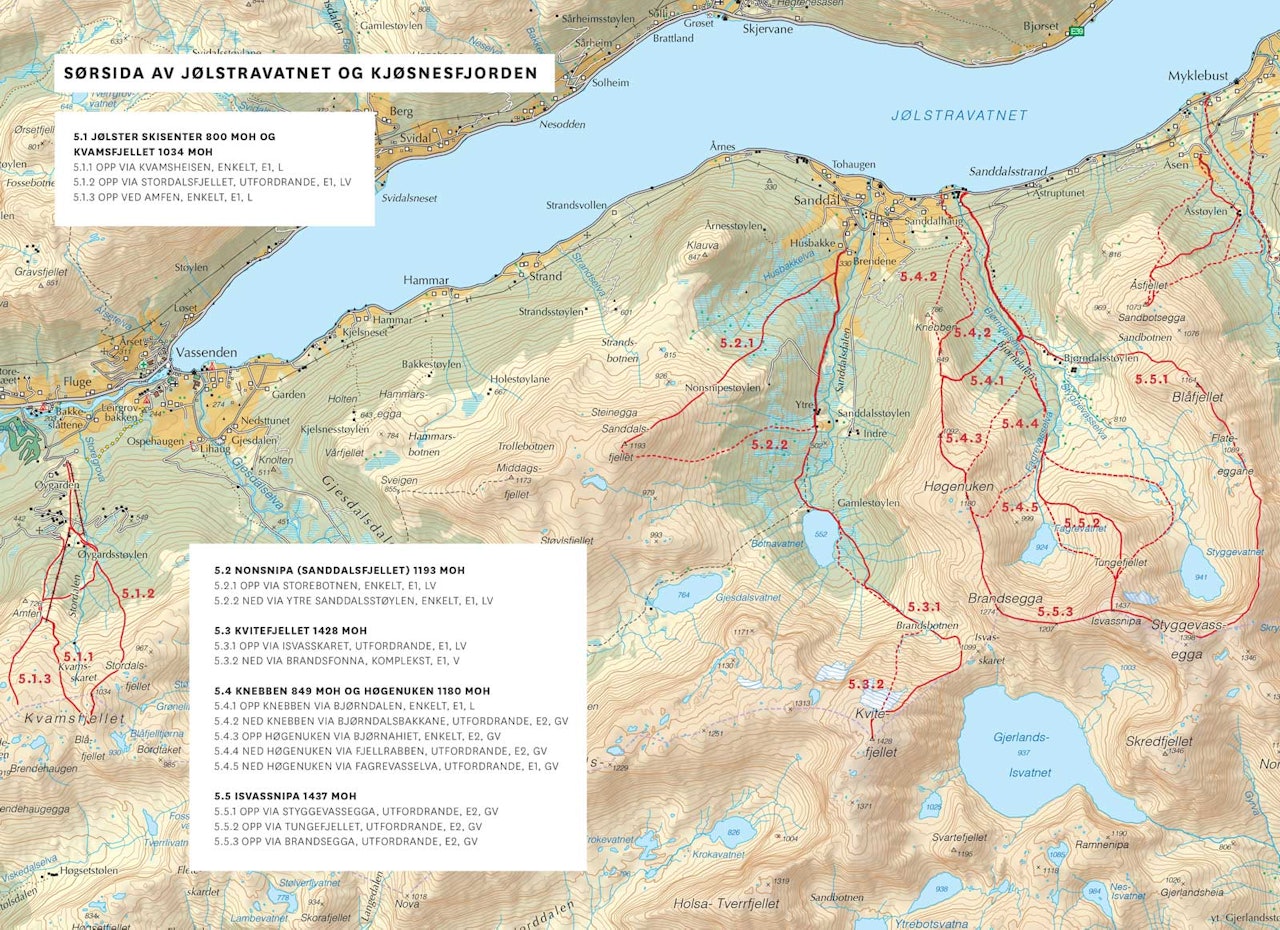 Oversiktskart over Sørsida av Jølstravatnet og Kjønesfjorden. Frå Toppturar i Sunnfjord.