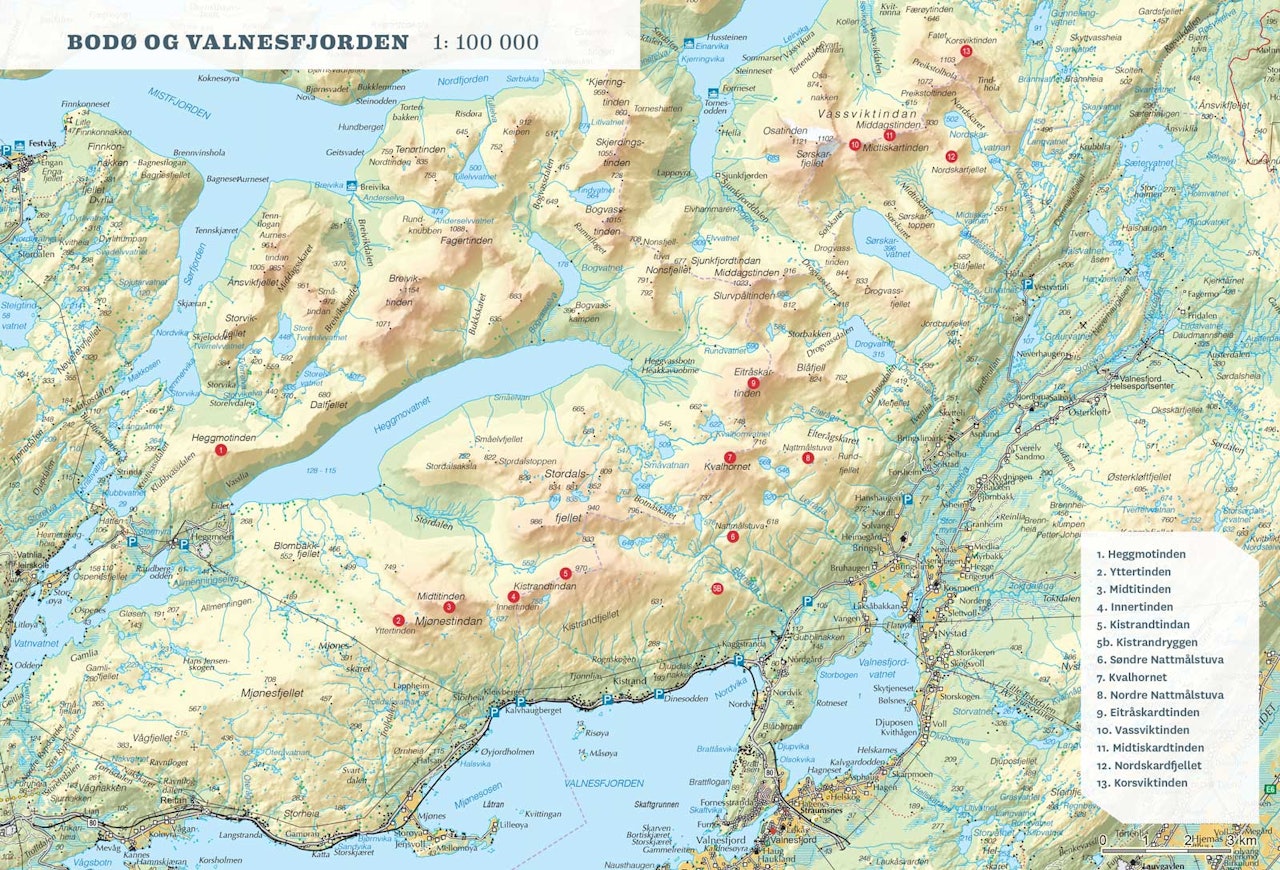 Oversiktskart over Bodø og Valnesfjorden. Fra Toppturer rundt Bodø.