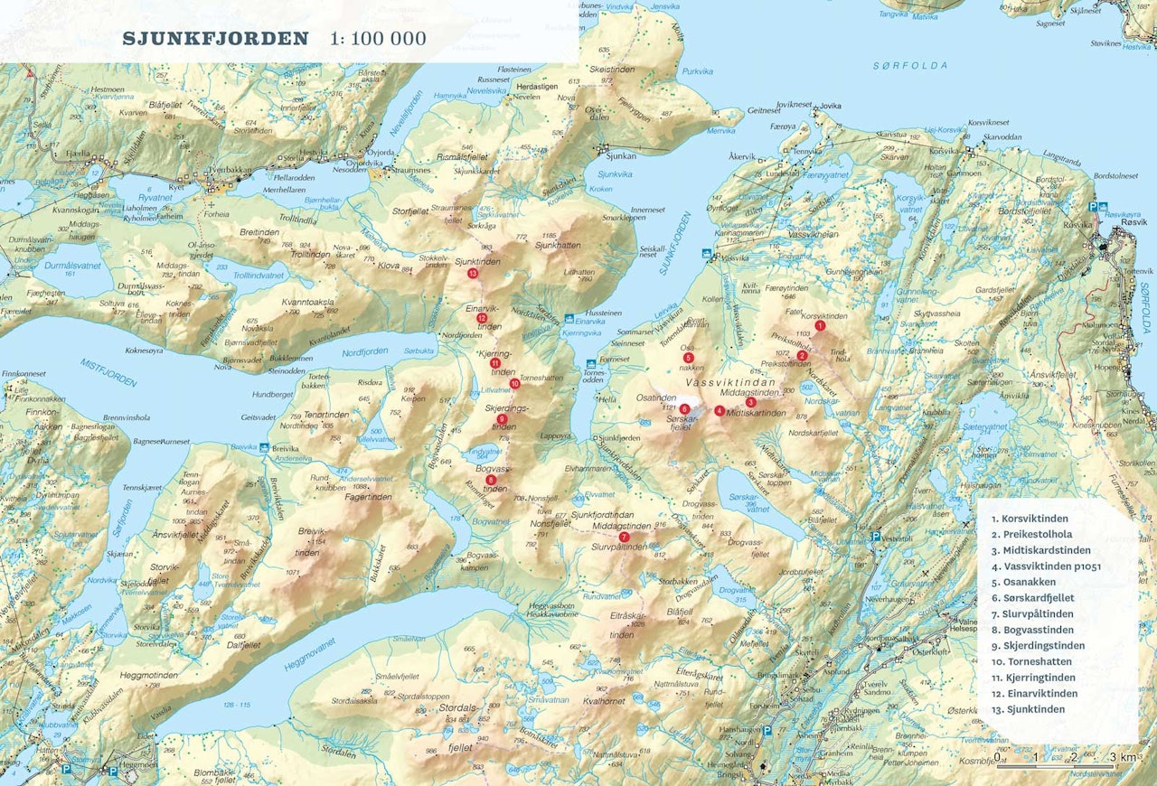 Oversiktskart over Sjunkfjorden. Fra Toppturer rundt Bodø.