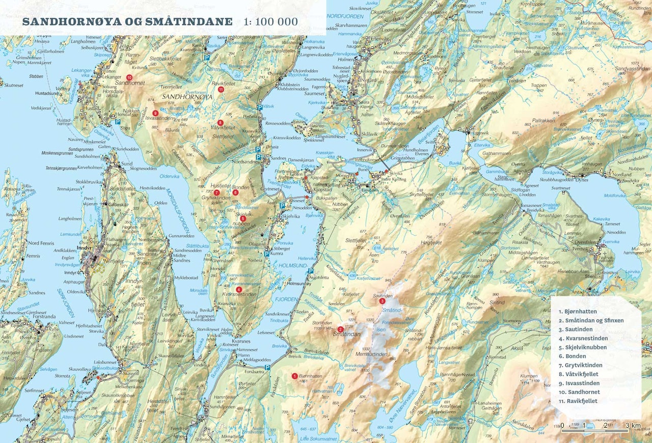Oversiktskart over Sandhornøya og Småtindan. Fra Toppturer rundt Bodø. Oversiktskart over Sandhornøya og Småtindan. Fra Toppturer rundt Bodø.
