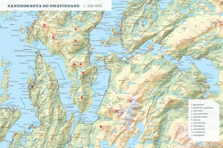 Oversiktskart over Sandhornøya og Småtindan. Fra Toppturer rundt Bodø.