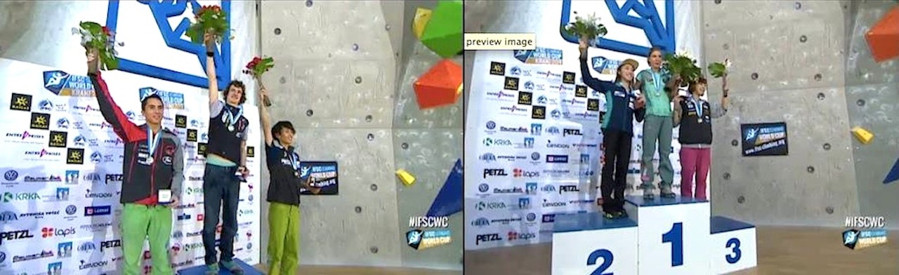Podium for damer og herrer i Kranj. Foto fra www.ifsc-climbing.org Podium for damer og herrer i Kranj. Foto fra www.ifsc-climbing.org