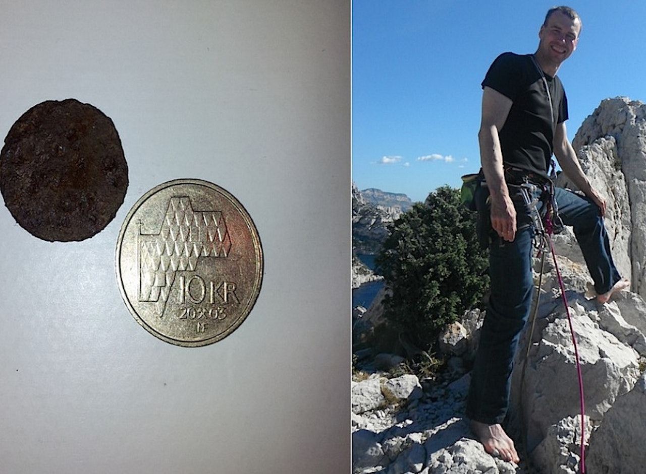 Det var Jørn Hofsø Hjellnes som fant mynten på toppen av Storen. Faksimile fra Nrk.no/sognogfjordane