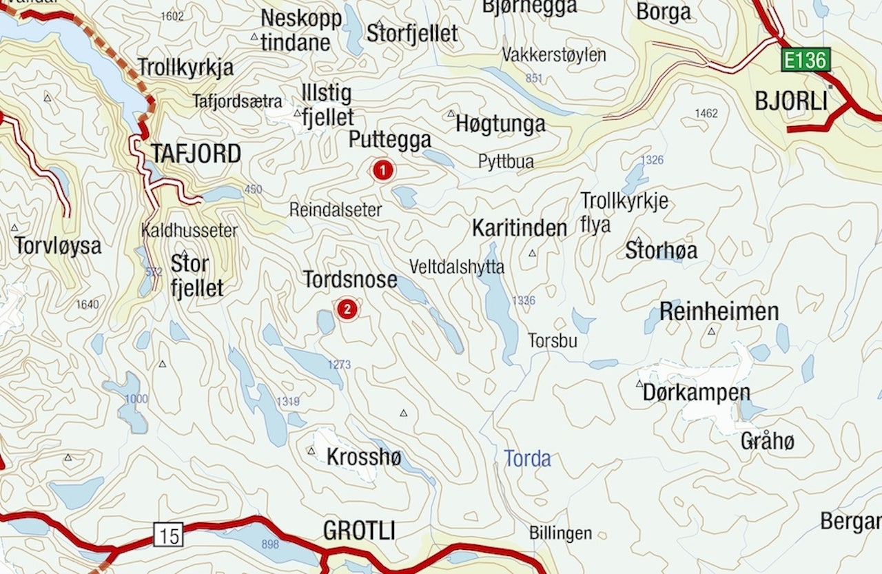 Kart for Tafjordfjella Tafjordfjella Topptur Norge
