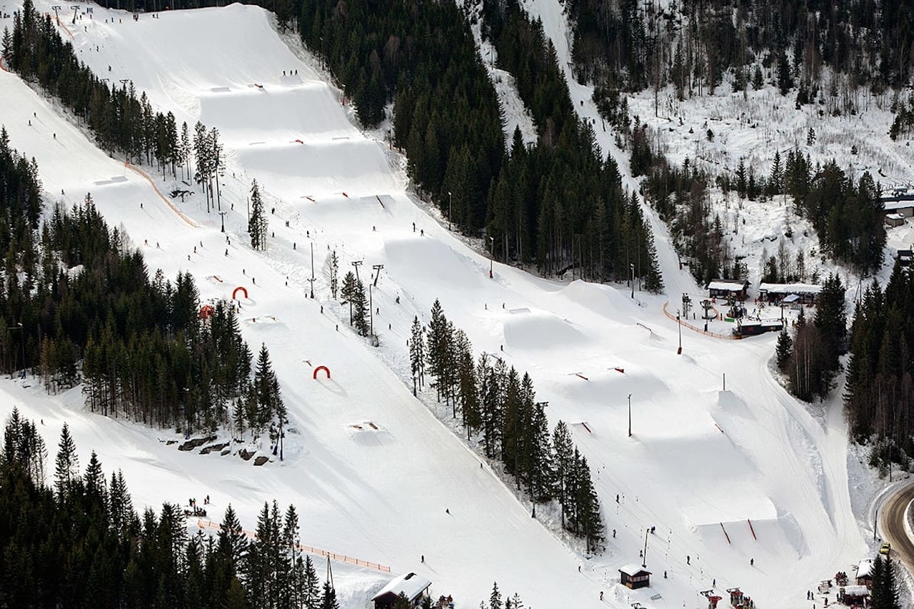 Oversiktsbilde viser parklinjene og barnebakken i Varingskollen alpinsenter Varingskollen alpinsenter park jibbing guide