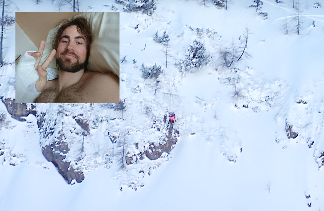 HOLDER MOTET OPPE: Bildet fra livesendinga viser Dennis idet han kræsjer hardt i fjellveggen. Legg merke til sporene hans oppe til høyre som viser hvor stor fart han hadde. Heldigvis sier legene han kommer til å bli helt frisk, til tross for to brudd i ryggen og to i hånda. Foto: FWT/ privat HOLDER MOTET OPPE: Bildet fra livesendinga viser Dennis idet han kræsjer hardt i fjellveggen. Legg merke til sporene hans oppe til høyre som viser hvor stor fart han hadde. Heldigvis sier legene han kommer til å bli helt frisk, til tross for to brudd i ryggen og to i hånda. Foto: FWT/ privat