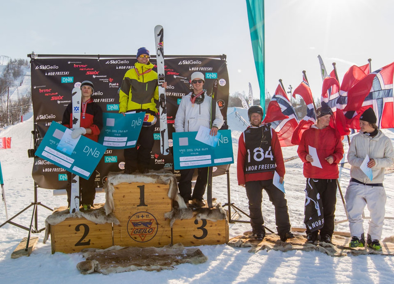 VETERANER: Øystein Bråten ble norgesmester i slopestyle foran Mikkel Brusletto Kaupang og Christian Nummedal. 33 år gamle Andreas Håtveit (nummer fire fra venstre) vant kvaliken, men endte på 4. plass. Foto: Nor Freeski