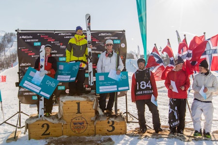 VETERANER: Øystein Bråten ble norgesmester i slopestyle foran Mikkel Brusletto Kaupang og Christian Nummedal. 33 år gamle Andreas Håtveit (nummer fire fra venstre) vant kvaliken, men endte på 4. plass. Foto: Nor Freeski