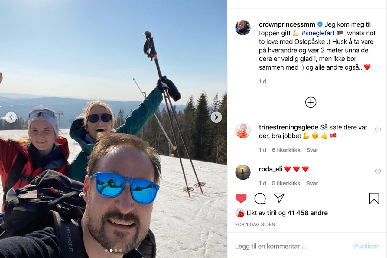 PÅ TUR: Her er kongefamilien på vei til topps i Wyller. Foto: Skjermdump/Instagram Kongefamilien
