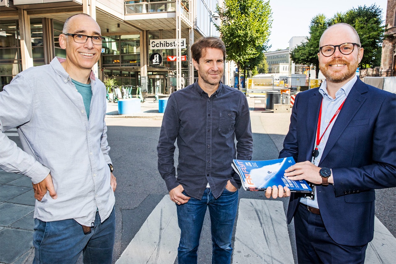 FRA VENSTRE: Audun Holmøy Røhrt, daglig leder Fri Flyt, Erlend Sande, ansvarlig redaktør Fri Flyt, Gard Steiro, sjefredaktør og adm.dir i VG. Foto: Frode Hansen, VG Fri Flyt VG