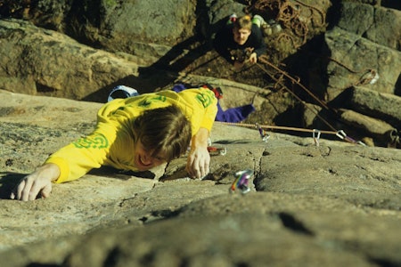 STIVT: Marius Morstad på førstebestigningen av Stive Dempere (8+)  på Damtjern i 1986. Bilde: Morstad Arkiv Marius Morstad Damtjern 1986