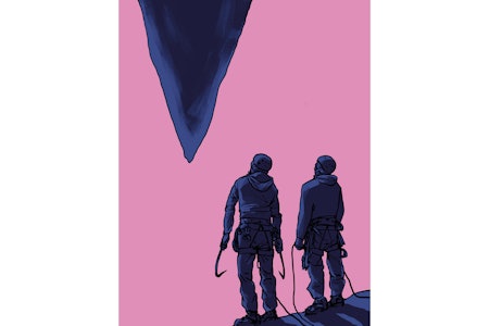 TAPPEN: Etter noen litt lettere taulengder, som de stort sett klatret løpende, nådde de tappen. Det var Erik som skulle lede den. Han forteller at for å komme ut til tappen måtte han gjøre et lite hopp og hogge begge øksene i samtidig. Illustrasjon: Ronja Ragnhild Svenning Berge Tappen. Erik Grandelius og Andreas Klarström