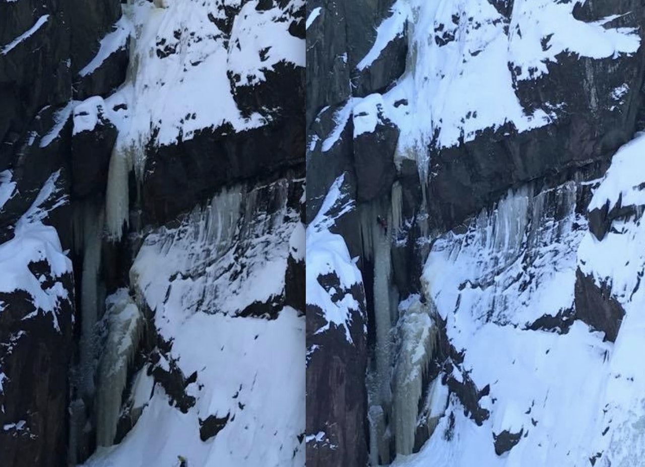 Lipton (WI 7) før og etter kollapsen. Foto: Torbjörn Liljedahl Lipton (WI 7) før og etter kollapsen. Foto: Torbjörn Liljedahl