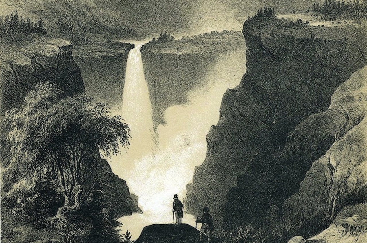 Rjukanfossen tegnet av Gustav Adolph Mordt i boka Norge fremstillet i Tegninger fra 1848 (utstnitt). Rjukanfossen tegnet av Gustav Adolph Mordt i boka Norge fremstillet i Tegninger fra 1848 (utstnitt).