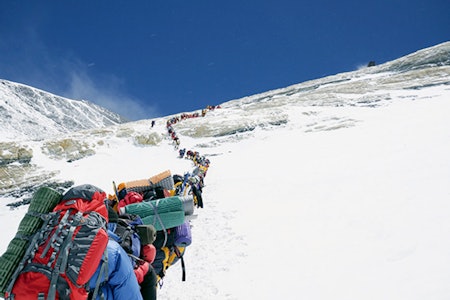 KØ: Klatrere på vei opp Lhotse-veggen, med håp om å nå toppen av Mount Everest. Foto: Christian Kober