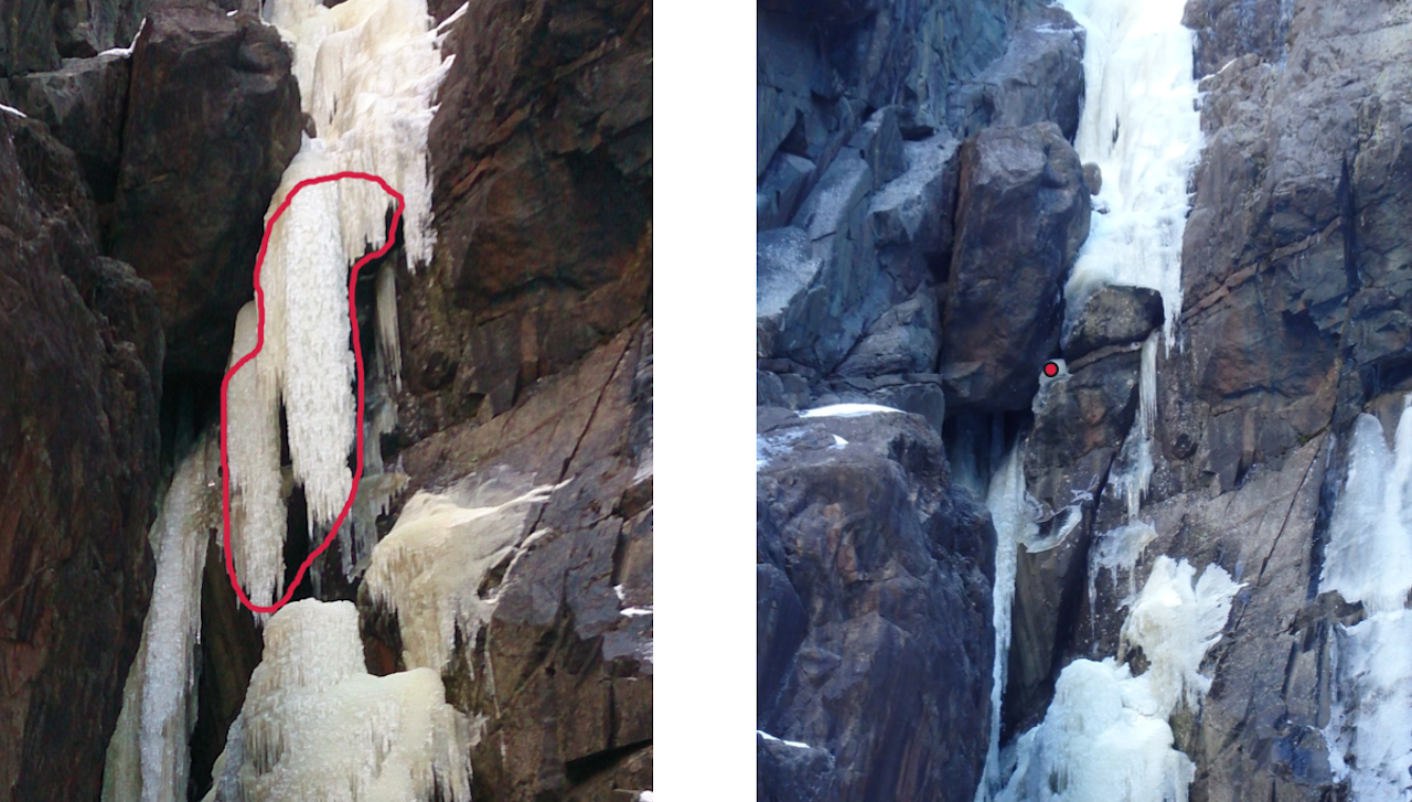 Lipton en uke før ulykken, og like etter ulykken. Den røde flekken markerer stedet der isskruen som stoppet fallet var plassert. Lipton en uke før ulykken, og like etter ulykken. Den røde flekken markerer stedet der isskruen som stoppet fallet var plassert.