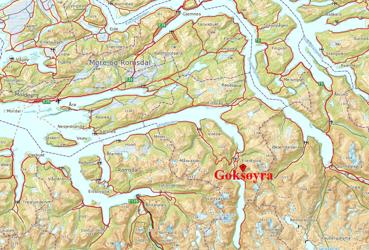 GOKSØYRA: Fjellet ligger i Nesset kommune i Møre og Romsdal. GOKSØYRA: Fjellet ligger i Nesset kommune i Møre og Romsdal.