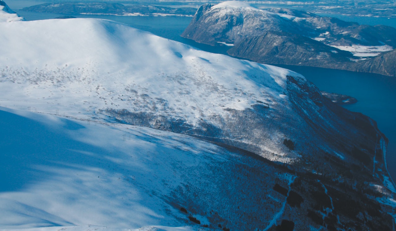 Skarven sett fra sør. Skogsveier fra fjorden følges oppgjennom det meste av skogen. Skarven sett fra sør. Skogsveier fra fjorden følges oppgjennom det meste av skogen.
