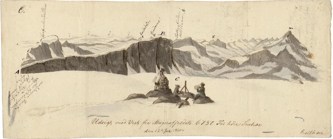 Utsikte vestover fra Kalvehøgdi. Baltazar Mathias Keilhau: "Erindring af Fjeldreisen i 1820. Tilegnet min Ven Boeck. Keilhau. Christiania 1821."