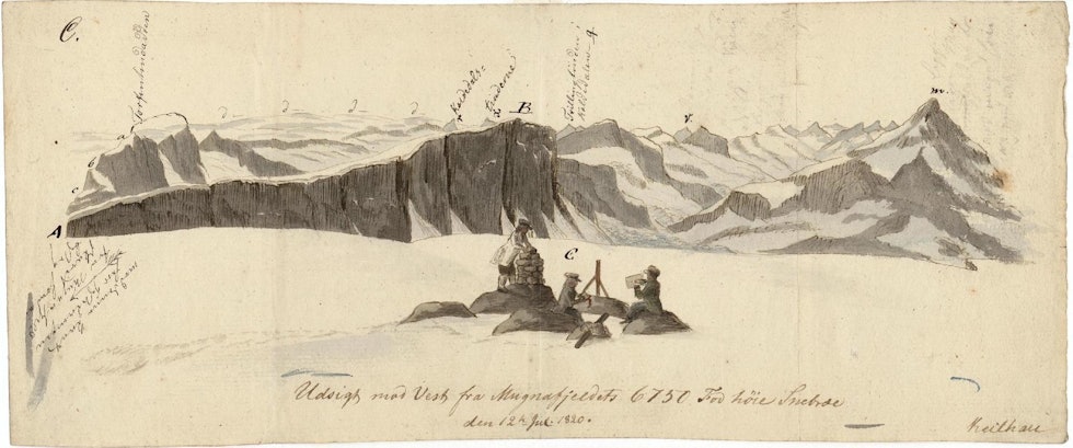 Utsikte vestover fra Kalvehøgdi. Baltazar Mathias Keilhau: "Erindring af Fjeldreisen i 1820. Tilegnet min Ven Boeck. Keilhau. Christiania 1821."