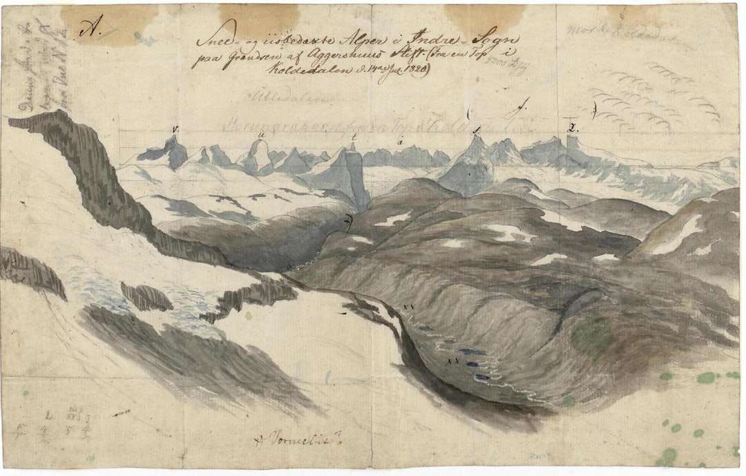 Utsikten fra Snøggekknosi. Baltazar Mathias Keilhau: "Erindring af Fjeldreisen i 1820. Tilegnet min Ven Boeck. Keilhau. Christiania 1821."