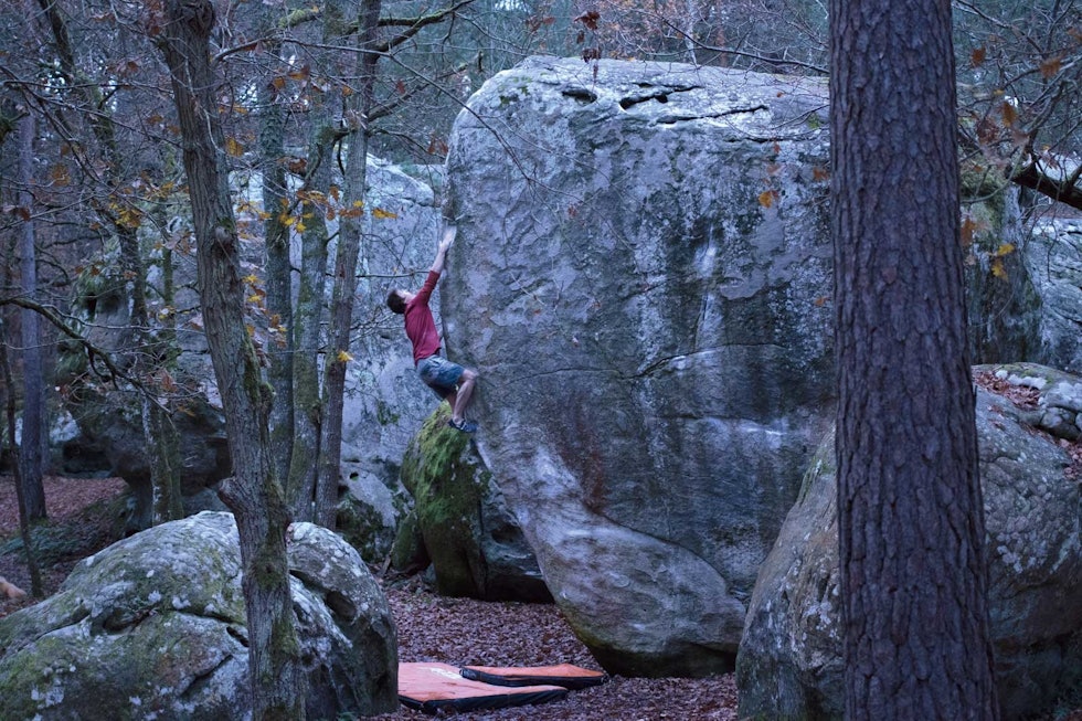 Fontainebleau: Thilo på superklassikeren Partage (8A+). Foto: Tina J. Hafsaas Thilo-Schroter-6