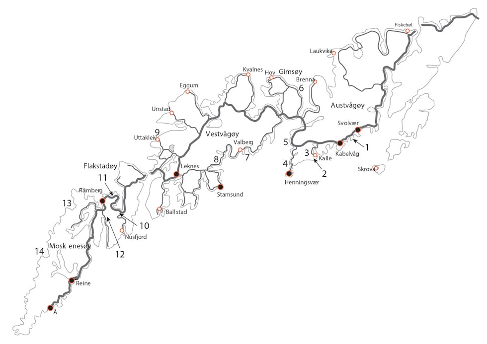 1. Tjeldbergvika/Finnvika 2. Kalle/Paradiset 3. Trolldalen 4. Presten Boulders 5. Lyngvær 6. Gimsøysand 7. Skokkelvika 8. Trolldalstjønna 9. Uttakleiv 10. Flakstadpollen 11. Skagsanden 12. Storura 13. Kvalvika 14. Bunes. 1. Tjeldbergvika/Finnvika 2. Kalle/Paradiset 3. Trolldalen 4. Presten Boulders 5. Lyngvær 6. Gimsøysand 7. Skokkelvika 8. Trolldalstjønna 9. Uttakleiv 10. Flakstadpollen 11. Skagsanden 12. Storura 13. Kvalvika 14. Bunes.