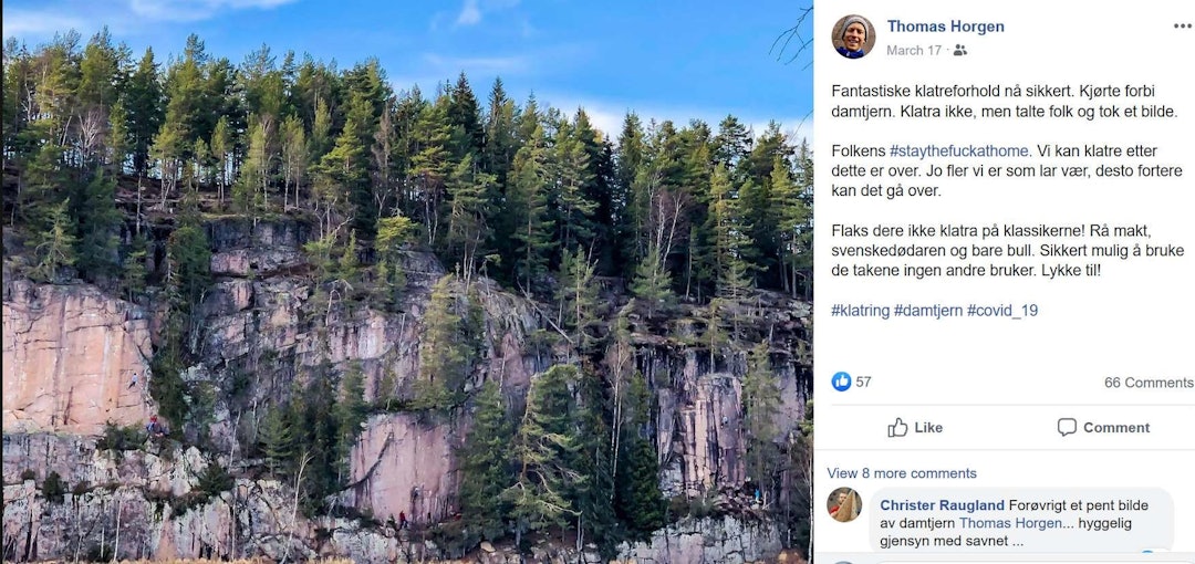 DEBATT: Innlegg fra Thomas Horgen på Facebook, der han oppfordrer oss til å bli hjemme. - Isolasjon og inaktivitet er også skadelig, skriver Erik Grandelius. Screenshot_2020-03-20 Thomas Horgen