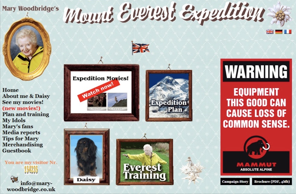 Reklamestuntet til Mammut, da de lot som en 82 år gammel dame skulle på Mount Everest. Reklamestuntet til Mammut, da de lot som en 82 år gammel dame skulle på Mount Everest.