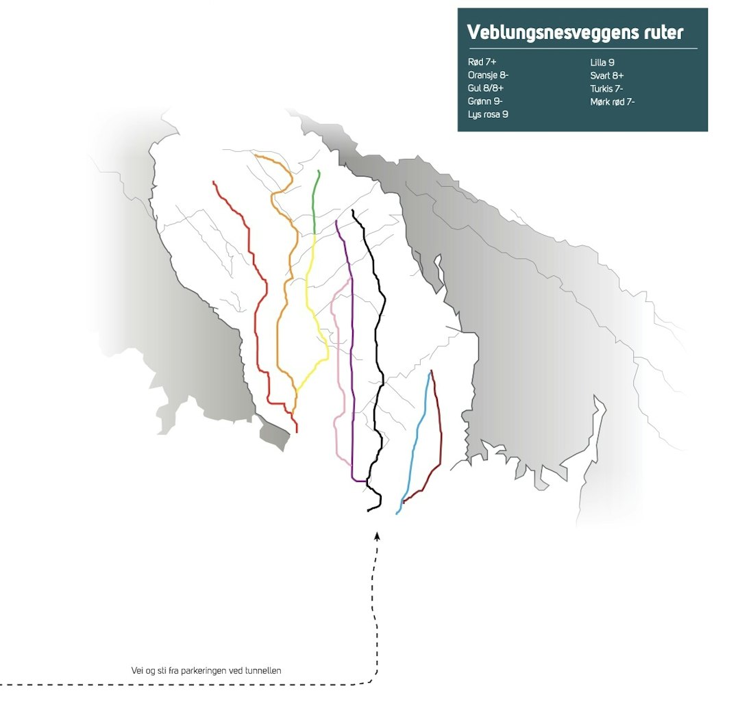 Rutene: Klatrefører for feltet ved Veblungsnes. Klatrefører for Veblungsnes – et regnsikkert klatrefelt ved Åndalsnes.