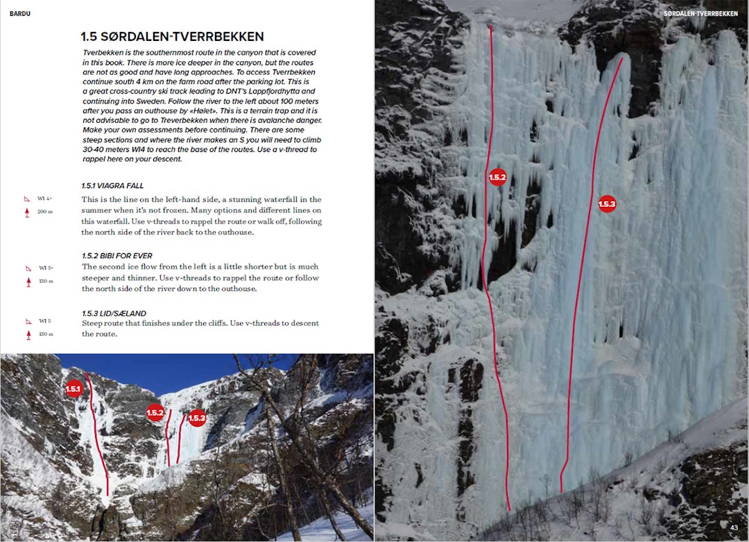 KLATREFØRER: Eksempel på en rutebeskrivelse fra boken. Foto: Fri Flyt Forlag Utdrag-soredalen