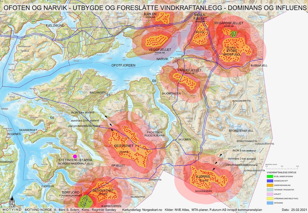 Kartet viser de 9 områdene som Futurum AS foreslår avsatt til vindkraftindustri i kommuneplanen. Anleggene vil dominere landskapet innfor de kraftig røde arealene (10x turbinhøyden) og påvirke naturen innenfor 5 km avstand markert med svakere rød farge. Illustrasjon Bård S. Solem, Motvind Norge. Stetind vindkraft