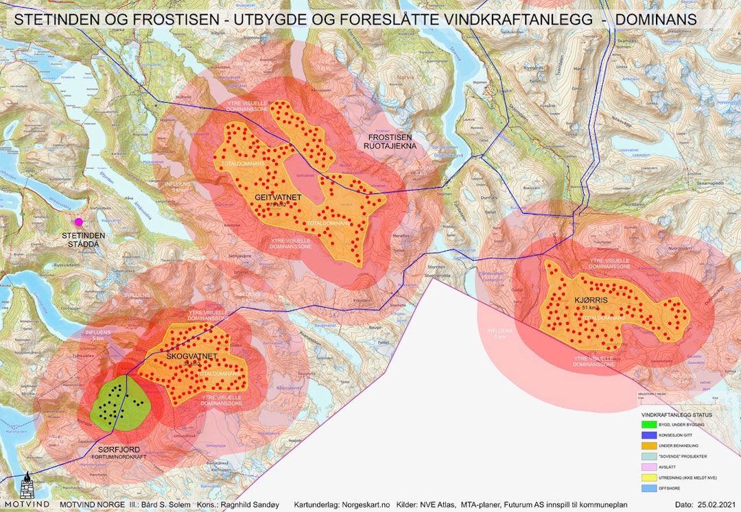I fjellområdene innenfor Stetinden (Stáddá) og Frostisen (Ruostajiekna) foreslår Futurum AS 3 områder avsatt til vindkraftindustri. Sørfjord vindkraftanlegg ble fullført i 2020. Anleggene vil - såfremt de blir realisert - rasere fjellområdene i Ofoten, Stetinden og Frostisen. Illustrasjon Bård S. Solem, Motvind Norge. Stetind vindkraft