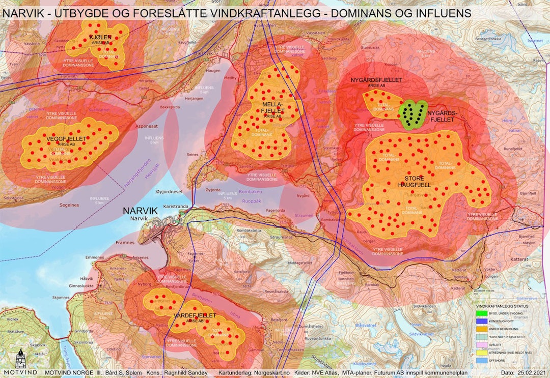 Futurum AS foreslår å avsette 6 områder rundt Narvik til vindkraftindustri. Dette er fjellområder som i dag er viktige utfartsområder lokalt og vil sette sitt preg på landskapet såfremt en eller flere av anleggene blir realisert. Illustrasjon Bård S. Solem, Motvind Norge. stetind vindkraft