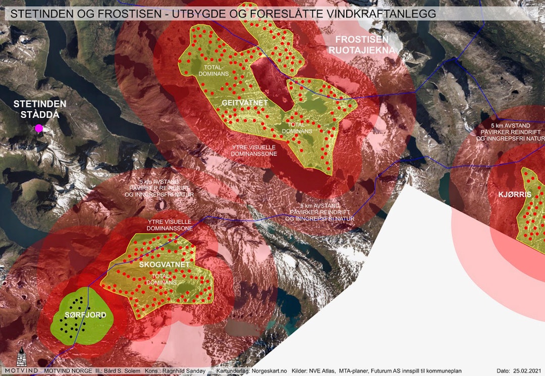 I fjellområdene innenfor Stetinden (Stáddá) og Frostisen (Ruostajiekna) foreslår Futurum AS 3 områder avsatt til vindkraftindustri. Sørfjord vindkraftanlegg ble fullført i 2020. Anleggene vil - såfremt de blir realisert - rasere fjellområdene i Ofoten, Stetinden og Frostisen. Illustrasjon Bård S. Solem, Motvind Norge. Stetind vindkraft