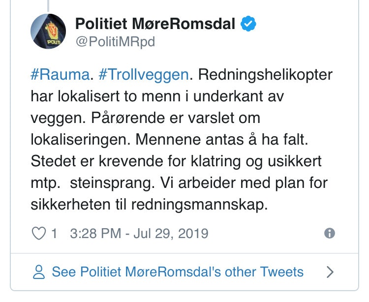 Skjermdump av politiets melding på Twitter. Skjermdump av politiets melding på Twitter.