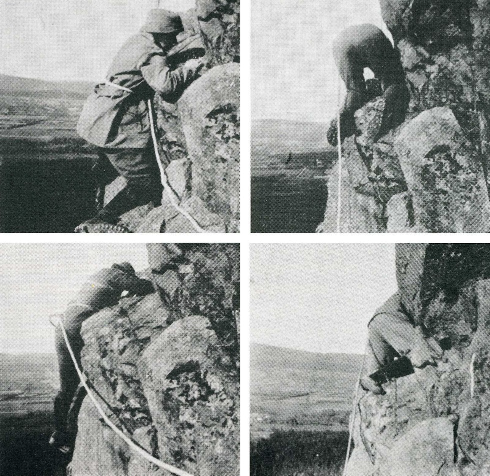 Kravling: Ingeborg Tandberg på førstebestigningen av Kålbladet (3+) i Nedre Sydstup 16. oktober 1904. Foto: Henning Heyerdahl Tønsberg. Kravling: Ingeborg Tandberg på førstebestigningen av Kålbladet (3+) i Nedre Sydstup 16. oktober 1904. Foto: Henning Heyerdahl Tønsberg.