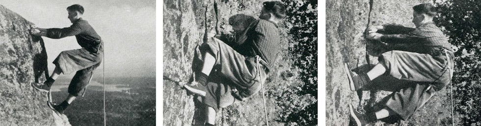 Bevegelser: Einar Hoff Hansen demonstrerer klatreteknikk. Foto fra Friluftsboka (1941). Ifølge billedteksten i Friluftsboka viste foto 1 sva-teknikk, mens foto 2 og 3 viste «crack-teknikk».