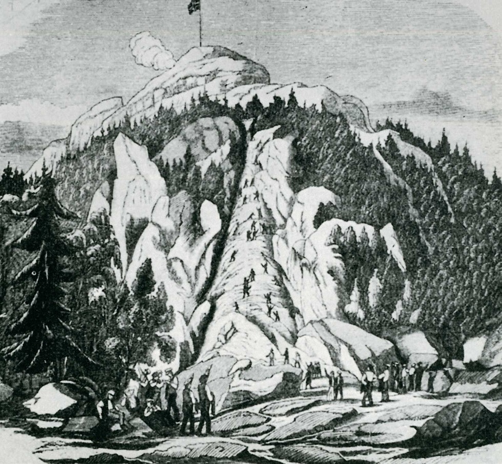 Gamle dager: Uppsalastudentene bestiger Kolsås 27. juni 1852. Tegning fra Illustreret Nyhedsblad nr. 46, 1852. Gamle dager: Uppsalastudentene bestiger Kolsås 27. juni 1852. Tegning fra Illustreret Nyhedsblad nr. 46, 1852.